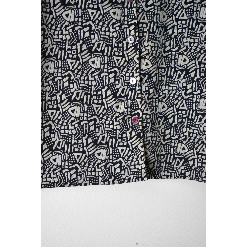 Vintage Notations Navy Blue Cream Abstract Geometric Button Up Blouse Top Womens - Picture 3 of 6